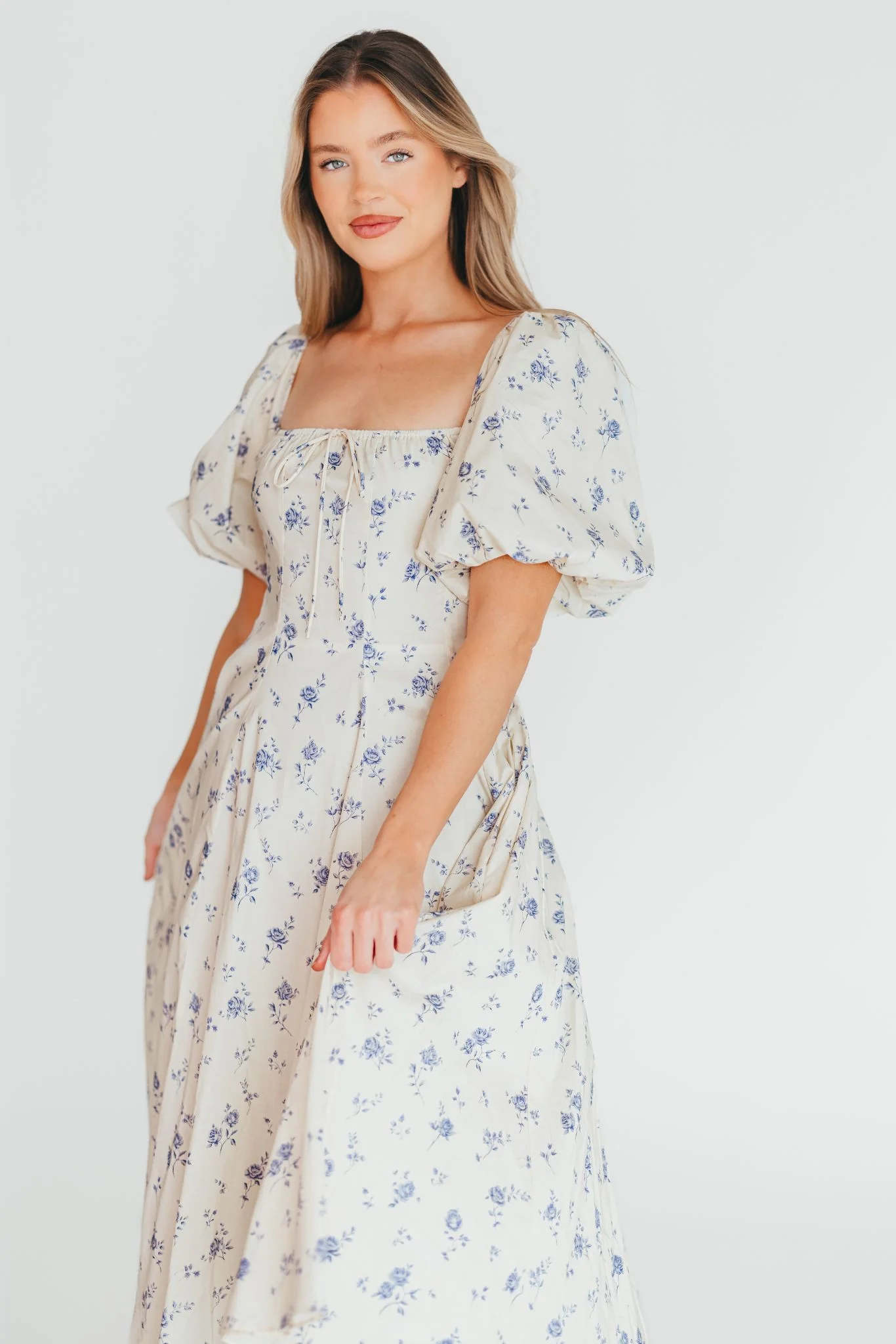 Olivia 100% Cotton Floral Printed Midi Dress in Ivory - Fashionser
