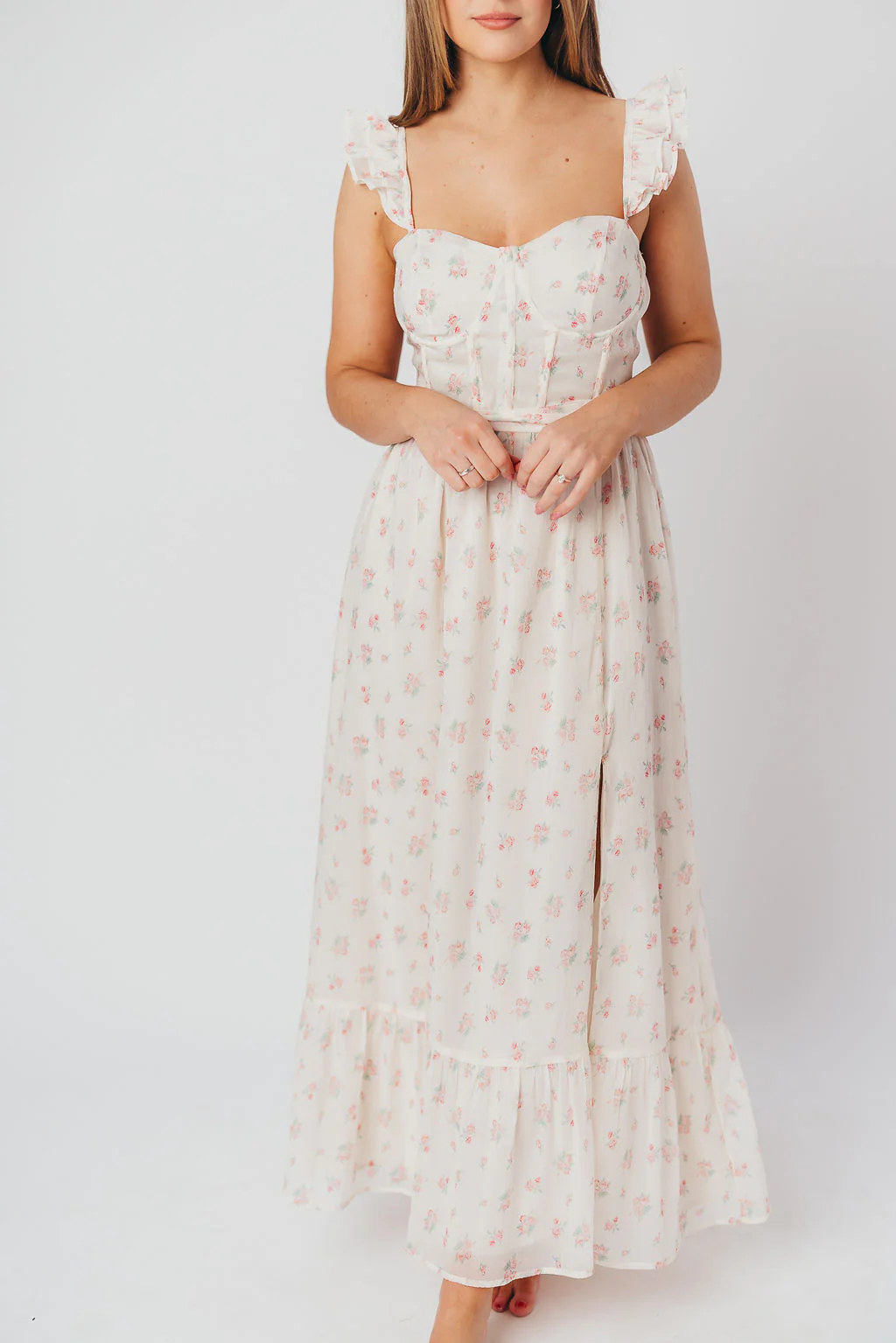 Rosamund Bustier-Style Maxi Dress in Blush Pink Floral - Inclusive Sizing (S-3XL) - Fashionser