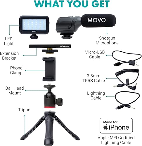 Movo iVlogger Kit para iPhone: Kit de Vlogging compatible con Lightning - Accesorios: Micrófono Direccional, Luz LED, Trípode para teléfono y Soporte para teléfono - Para YouTube o Kit de Vlogging - Fashionser