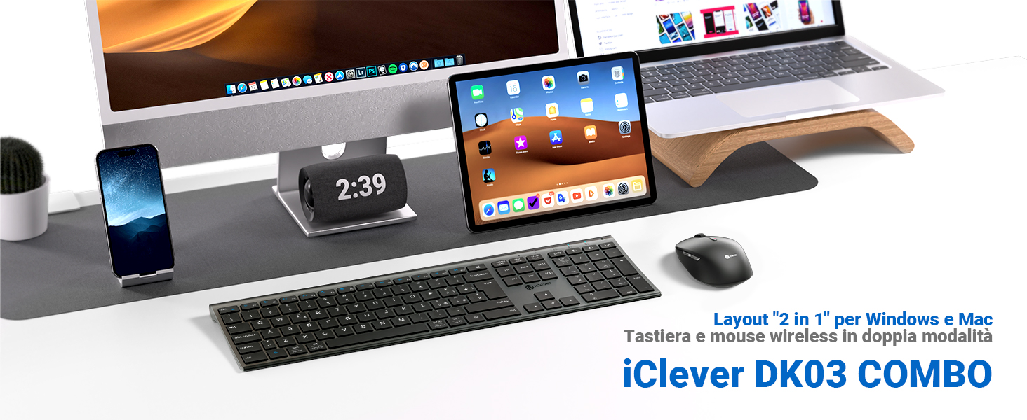 Il testo dice «iClever DK03 COMBO». Mostra una moderna configurazione da scrivania con monitor, tastiera e dispositivi mobili disposti su una superficie di legno.