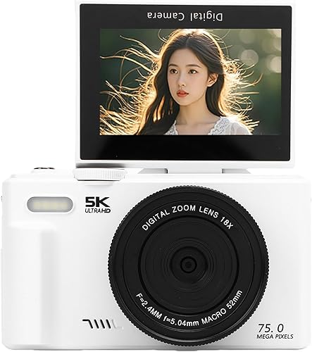 Fotocamera Digitale, 5K 75MP UHD Autofocus WiFi Camera per la Fotografia, con Schermo Orientabile a 180° da 3 Pollici, Zoom Digitale 18X, Piccola Fotocamera Compatta per Ragazzi, (64GB) - Fashionser