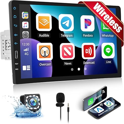 CAMECHO Autoradio 1 Din con Wireless Carplay Android Auto Schermo da 9 Pollici Bluetooth Radio Touch Display con Telecamera Posteriore Mirror Link FM SWC 2USB Comandi al Volante - Fashionser