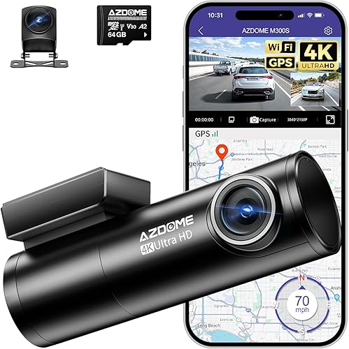 4K Dashcam Auto Anteriore Posteriore, WiFi GPS Macchina Fotografica Incorporata Auto con Scheda SD 64G, ADAS, Camera Auto Visione Notturna, WDR, G-Sensore, Modalità Parcheggio 24H, - Fashionser