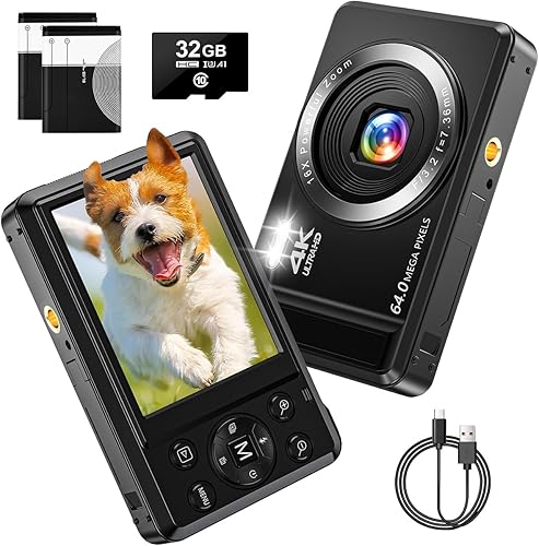 Fotocamera digitale 4K da 64 MP con scheda TF da 32 GB Fotocamera digitales compatta con zoom digitale 16X per bambini, adolescenti, anziani e principianti - Fashionser