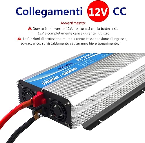 Giandel Power Inverter 2000W Onda Modificata Convertitore DC 12V a AC 220V 230V con telecomando & 2 presa AC e 2 Porte USB per auto,camion camper - Fashionser