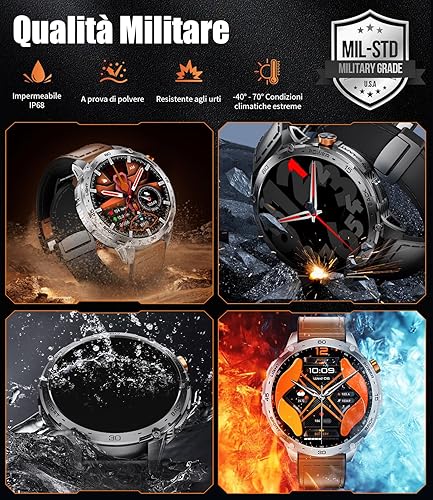 Smartwatch Uomo Militare,1,75'' AMOLED Grande Schermo/Torcia LED/730 mAh Batteria, Orologio Intelligente con SpO2 /Sonno/Cardiofrequenzimetro, 100+ Modalità Sportive, 5ATM Impermeabile per Android IOS - Fashionser