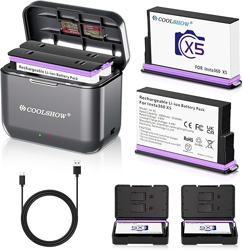 CoolSHOW 360 X5 - Batteria da 2800 mAh, 2 pezzi con custodia per batteria e caricatore rapido X5, design compatibile con fotocamera Insta360 X5 (2 batterie + 1 caricabatterie) - Fashionser