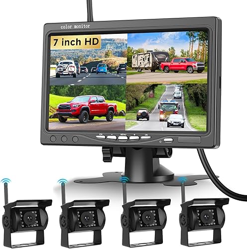Podofo 4*Telecamera posteriore wireless con monitor da 7 pollici IP68 Visione notturna grandangolare, monitor AHD IPS Telecamere per la retromarcia wireless per auto Camper/Caravan/Camion,BSD - Fashionser