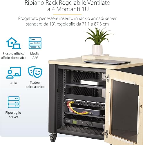 StarTech.com Ripiano Rack 19' 1U Ventilato, Mensola Regolabile (71,1-87,3cm) in Acciaio per Armadio Rack a 4 Montanti. Max 68kg - Fashionser