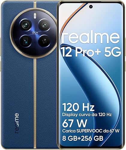 realme 12 Pro+ 5G Smartphone 8+256GB, Snapdragon 7s Gen 2 5G, 64MP Fotocamera ritratto, Display curvo Vision da 6,7' a 120Hz, Batteria da 5.000mAh, Dual Sim, Navigatore Blu (senza adattatore) - Fashionser