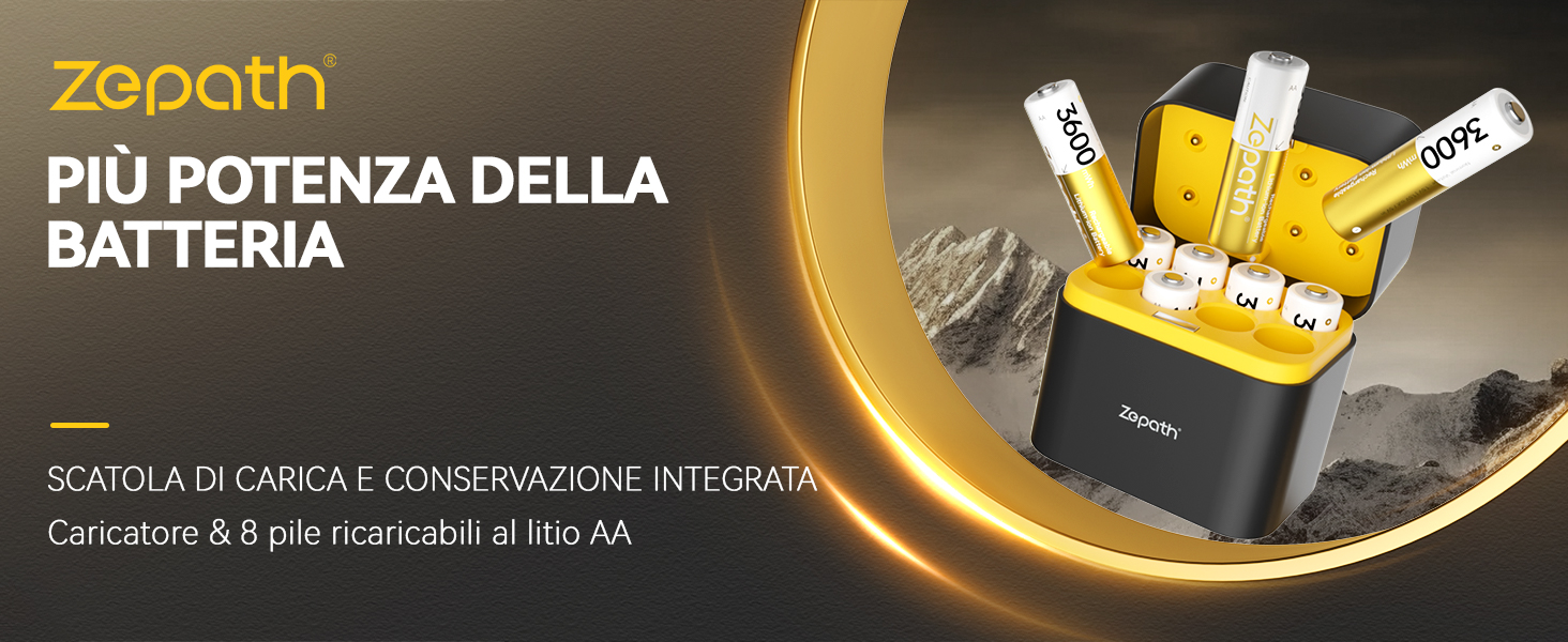 Immagine promozionale del sistema di ricarica e conservazione delle batterie che mostra le batterie illuminate in giallo disposte in modo circolare con il marchio Zopath.