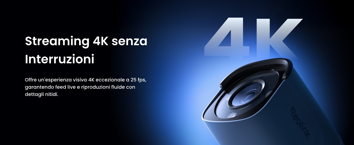 Il testo dice «Streaming 4K senza interruzioni» e «4K». Icona stilizzata a forma di occhio con effetto di luce blu su sfondo nero che promuove le funzionalità di streaming 4K.