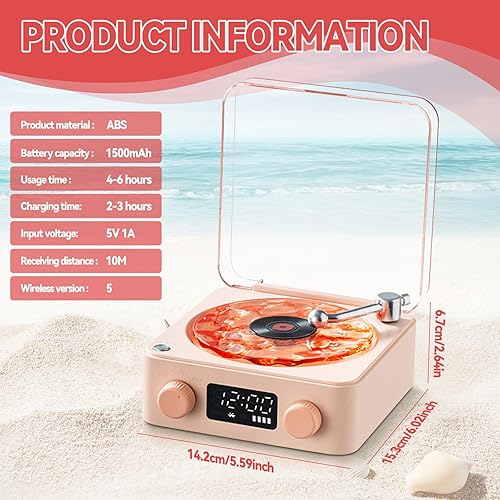 Waves - Altoparlante in vinile, giradischi Bluetooth con luce RGB e effetto onde d'acqua, 3 modalità stereo, aiuto per il sonno con 4 suoni della natura (rosa) - Fashionser