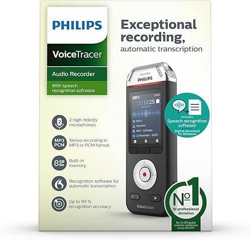 Philips Registratore audio VoiceTracer con software di riconoscimento vocale Dragon Speech Recognition per PC, usb - DVT2810 - Fashionser