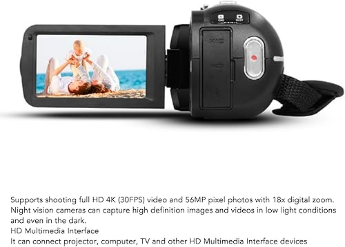Videocamera 4K, Videocamera per con Visione Notturna IR H23 UHD 56MP 30FPS Zoom 18X, Registratore Digitale con Touch Screen IPS da 3,0 Pollici, Telecomando, Microfono - Fashionser