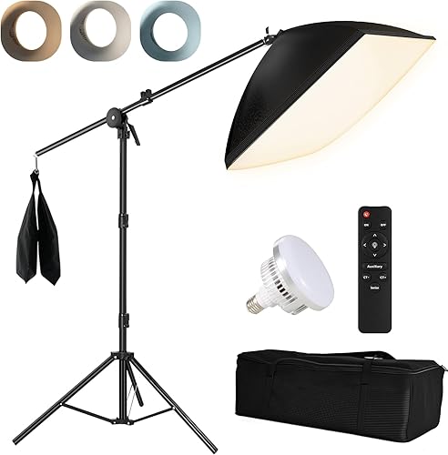 Softbox, Niceveedi - Kit di luci fotografiche da 50 x 70 cm, con treppiede da 203 cm e braccio da 150 cm, luce video da 85 W con lampadina 2700 K-6500 K e telecomando, per registrazione video - Fashionser