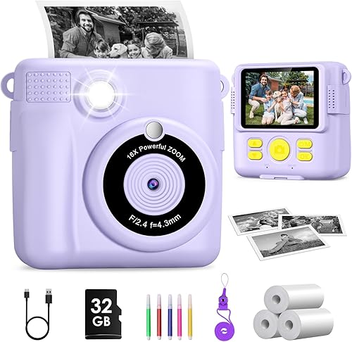 GREENKINDER Macchina Fotografica Bambini Istantanea, 3,0 Pollici 14MP Fotocamera Istantanea Bambini con 32GB Scheda, 1080P Fotocamera Digital per Bambini, Giocattolo Regalo per Bambino da 3-12 Anni - Fashionser