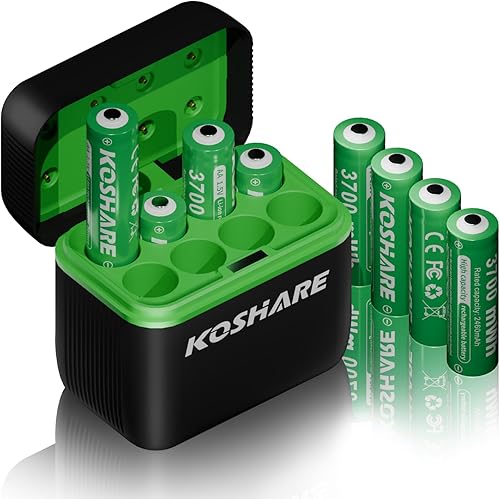 Batterie ricaricabili AA al litio, confezione da 8 con caricabatterie, 1,5 V, 3700 mWh, alta capacità, celle agli ioni di litio doppie A, ricaricabili fino a 1200 volte (nero+verde, 8AA+8 slot - Fashionser