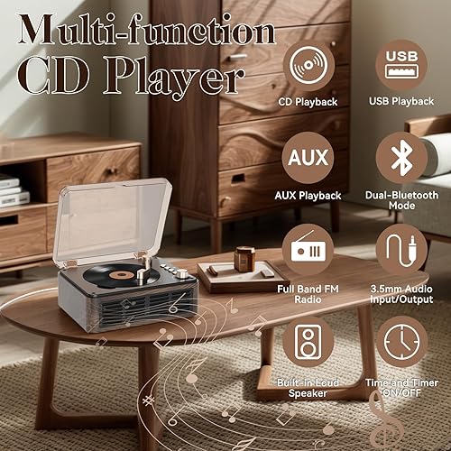 Gueray Lettore CD Vintage Bluetooth per Casa, Lettore CD Retro con Altoparlanti Stereo HiFi, Supporta Riproduzione USB/AUX/Type-C, Radio FM e Telecomando - Fashionser