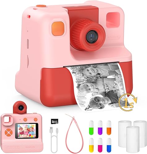 ponoseu Macchina Fotografica Bambini Istantanea, 1080P Digitale Fotocamera Istantanea Bambini, Regalo per Bambini dai 3-12 Anni, 32GB Scheda SD, 5 Penne Colorate (rosa) - Fashionser