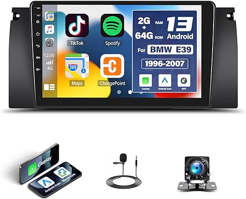 SIXTOP [2G+64G] Autoradio con Bluetooth per BMW 5 E39 E53 M5 X5 1996 – 2007 con Carplay Android Auto,9' Radio Touch Screen con GPS WiFi FM/RDS EQ Mirror Link+fotocamera posteriore e microfono - Fashionser