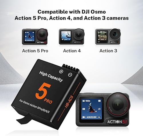 Confezione da 2 batterie di ricambio da 2800 mAh compatibili per DJI Osmo Action 5 Pro con caricabatterie USB-C a doppio slot per fotocamere OSMO Action 5 Pro, Action 4, Action 3 - Fashionser