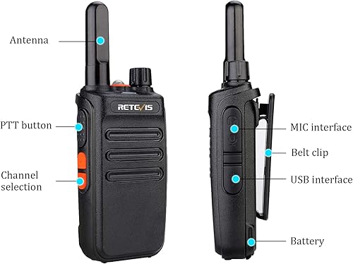 Retevis RB635 Walkie-Talki, PMR446 Ricetrasmittente Portatile Professionale, Walkie Talkie Ricaricabili con LED Torcia, VOX, USB C, per Ristorante, Attività a Dettaglio (Nero, 2 Pezzi) - Fashionser