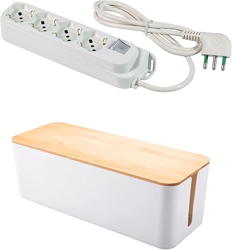 FANTON 484205S-B kit multipresa + box - Multipresa 4 prese bipasso schuko 2P+T 16A cavo 3 m. 3G1 H05VV-F spina a squadra italiana 2P+T 16A - interruttore bipolare luminoso - con box da tavolo - Fashionser