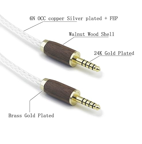HansnBy Cavo adattatore audio da 4,4 mm maschio a maschio bilanciato a 5 pin per cuffie 8 core 6 N OCC rame singolo cristallo filo argentato guscio in legno di noce 4,4 mm su connettore da 15 cm - Fashionser