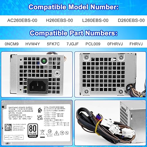 Alimentatore AC260EBS-00 da 260 W, compatibile con Dell Optiplex 3000MT 5000MT 7000MT Vostro 3710 3910 T3660 H260EBS-00 L260EBS-00 D260EBS-00 0NCM9 HVW4Y 5FP K7C 7J; Alimentatore GJF AC260EBS-00 - Fashionser