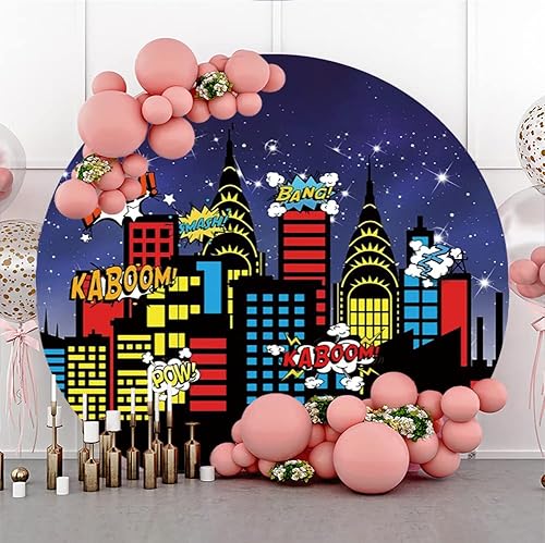 Aoihrraan 200cm Diametro Supereroe Città Rotondo Fotografia Sfondo Grattacielo Edifici Cielo Stellato Americano Comico Boom Cerchio Fondale Baby Doccia Neonato Compleanno Festa Ritratto Fotografico - Fashionser