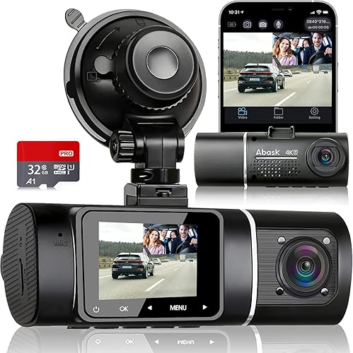 Abask Dash Cam 4K WiFi Telecamera per Auto, con Cabina Cam 4K Visione Notturna, Grandangolare di 310°, G-Sensor, Registrazione in Loop, Monitor di Parcheggio, Scheda SD da 32 GB inclusa… - Fashionser