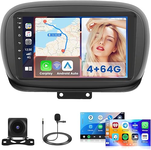 Hikity 4G+64G Autoradio Android per Fiat 500X 2014 2015 2016 2017 2018 2019 2020 Stereo Auto 2 Din Wireless Carplay Android Auto 9 Pollici Touchscreen con GPS WiFi FM/RDS 32EQ Camera MIC - Fashionser