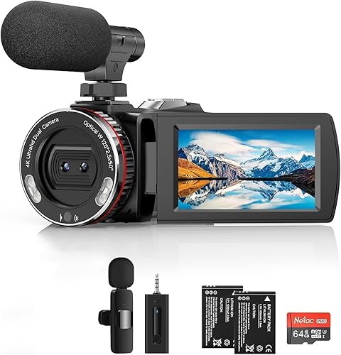 Videocamera 4K, 64 MP, 60 FPS, con microfono wireless per YouTube, schermo flip ultra HD da 3 pollici, zoom digitale 21x, con scheda SD da 64 GB, telecomando e 2 batterie - Fashionser