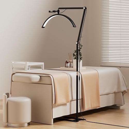 Andoer Lampada per ciglia a mezzaluna, 3200 K-5600 K, dimmerabile, lampada da pavimento per ciglia con supporto luminoso, supporto per telefono, telecomando per trucco, estensioni ciglia, fotografia - Fashionser