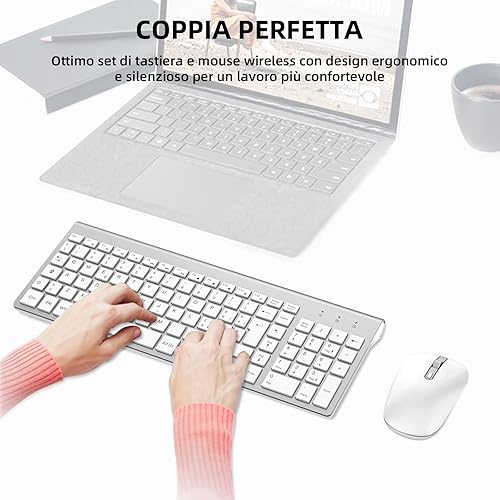 cimetech Tastiera e Mouse Wireless, Layout Italiano QWERTY, Tastiera Ultra-Sottile ‎Ergonomico Full-Size 2.4Ghz Wireless Mouse Tastiera Numerico con Ricevitore Nano per PC/Laptop/Win7/8/10（Argento） - Fashionser