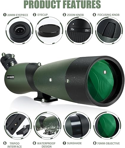 Cannocchiale, zoom 20-75x70mm Lente Ottica Completamente Multistrato Antiappannamento e Mobile Telescopio con Design in Gomma per Oculare con kit di Montaggio Rapido per Smartphone e Treppiede (green) - Fashionser