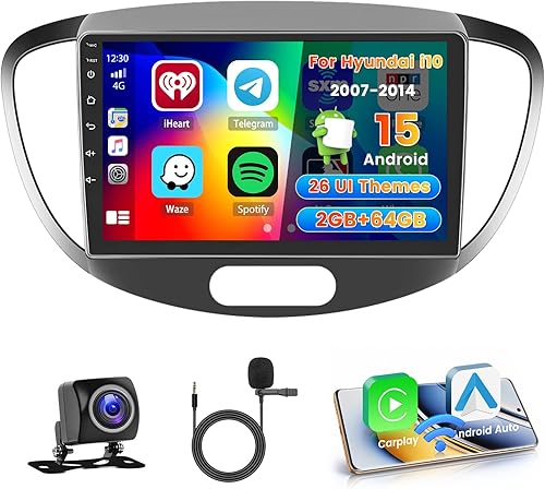 Hikity 2+64G Stereo Auto per Hyundai i10 2007-2013 senza fili Carplay Android Auto Mirror Link, 9 Pollici Android Stereo Radio Bluetooth con GPS WIFI FM/RDS EQ SWC MIC Telecamera Posteriore - Fashionser