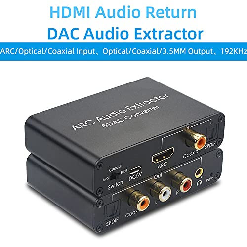 Estrattore audio HDMI ARC, estrattore audio ARC e convertitore DAC 192 KHz, supporta audio digitale HDMI ad audio stereo analogico RCA L/R coassiale SPDIF e convertitore DAC stereo da 3,5 mm - Fashionser