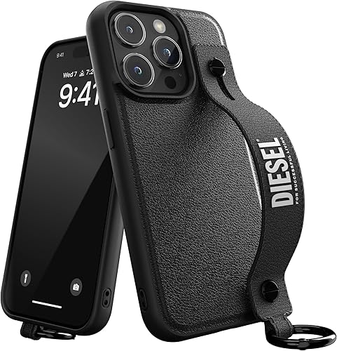Diesel Custodia per iPhone 15 Pro Max con impugnatura, design in pelle bianca e nera con supporto, protezione antiurto contro le cadute, compatibile con ricarica wireless, custodia per telefono con - Fashionser