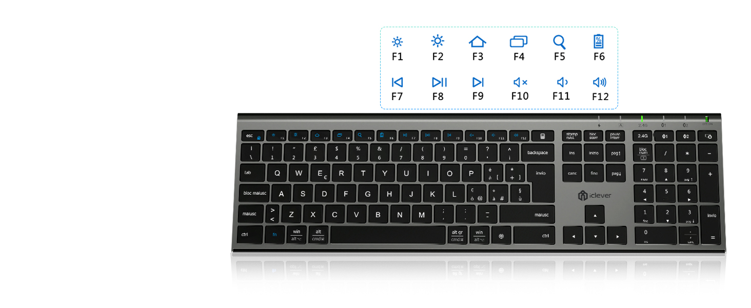 Elegante tastiera grigia per computer con tasti retroilluminati bianchi, che mostra i numeri delle righe delle funzioni da 1 a 12 in alto. Periferica desktop professionale con layout completo con tastierino numerico.