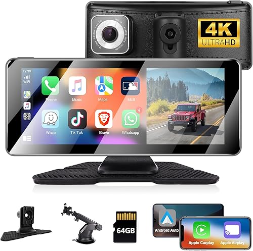 Podofo 4K Dash Cam Portatile Autoradio con Wireless CarPlay/Android Auto，6,86' Schermo con Bluetooth/Mirror Link/Trasmettitore FM/GPS/Siri/DVR/SD/Supporto Fotocamera Posteriore+Scheda da 64 GB - Fashionser
