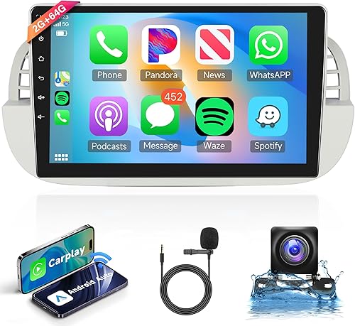 2G+64G Wireless Carplay Android Autoradio 2 Din per FIAT 500 2007-2015 9 Pollici Autoradio con Android Auto GPS Navi WiFi Mirror Link Bluetooth FM/RDS/DAB Telecamera Posteriore - Fashionser
