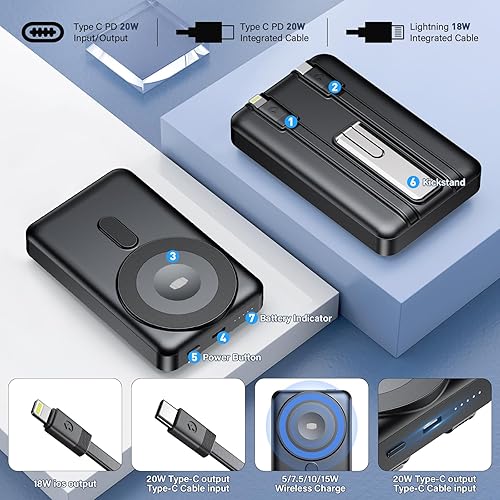 Power Bank 10000mAh con Cavi Integrati 22.5W USB A & 20W USB C Caricatore Portatile Carica Rapida Batteria Esterna 3 in 1 pieghevole Powerbank per iPhone 16/15/14/13/12, Ipad Iwatch- Nero - Fashionser