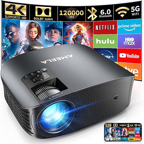 30000 lumens Proiettore 4K, AMEELA videoproiettore con WiFi e Bluetooth, Proiettori 1080P per Home Theater Dolby Audio, 50% Zoom/300' Display compatibile con Fire/TV Stick/Smartphone/PS5 - Fashionser