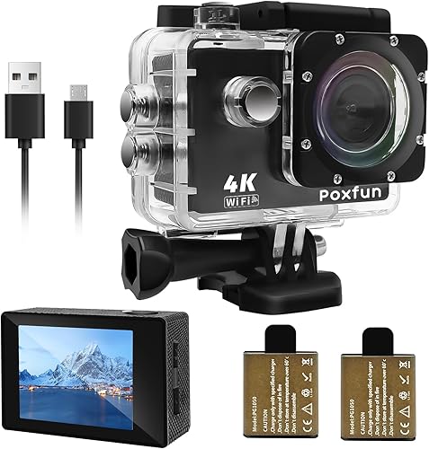 Action Cam 4K 30FPS WiFi Sports Camera Grandangolare 170°Camera Sport Impermeabile 30M 2x1050mAh Batteria USB Ricaricabile per Bicicletta/Surf/Salto/Sci - Fashionser