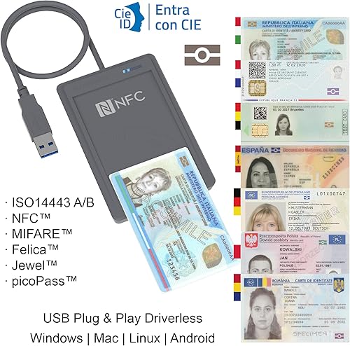 BLUTRONICS TAURUS NFC Lettore CIE 3.0 per Carta d’Identità Elettronica, Tessera Sanitaria, Carte contactless, accesso siti PA, Windows, MacOS, Linux - Fashionser
