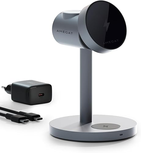 AMEGAT Caricatore Wireless Magnetico 3 in 1, 15W Certificato Qi2 Stazione di Ricarica, Caricabatterie Wireless per Telefoni, Orologi, Auricolari (Caricatore USB C 30W Incluso) - Fashionser