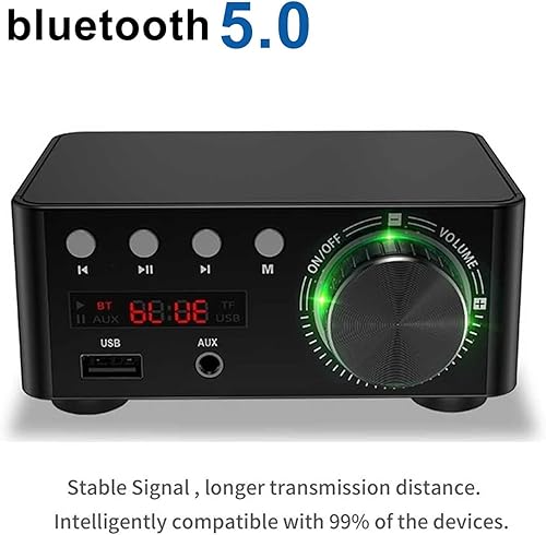 Amplificatore audio stereo, Mini Audio HiFi Bluetooth 5.0 Power Class D Amplificatore D TPA3116 Digital AMP 50W * 2 Home Audio Car Marine USB/AUX IN per sistema home theater con altoparlanti passivi - Fashionser