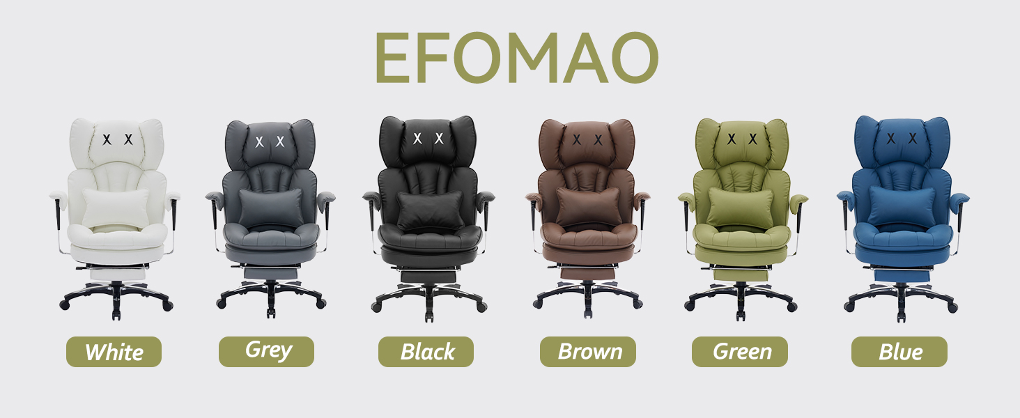 La collezione di sedie da ufficio EFOMAO presenta sei opzioni di colore: bianco, grigio, nero, marrone, verde e blu, ognuna con design imbottito e braccioli.
